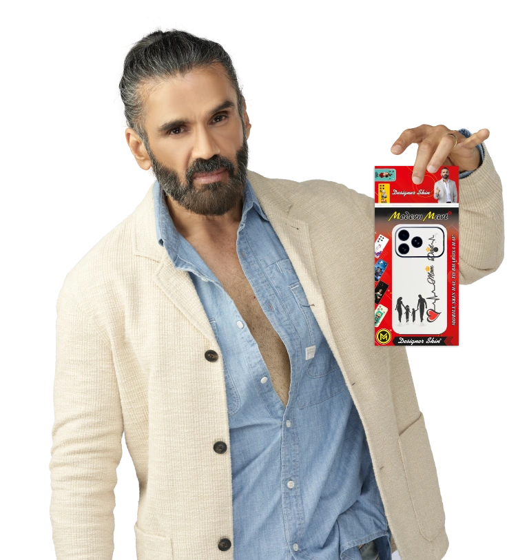 Suniel Shetty holding Modern Mart mobile skin packaging